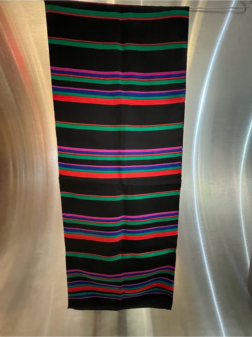 Striped Long Black Silk Scarf with Red, Green & Purple Stripes EUC